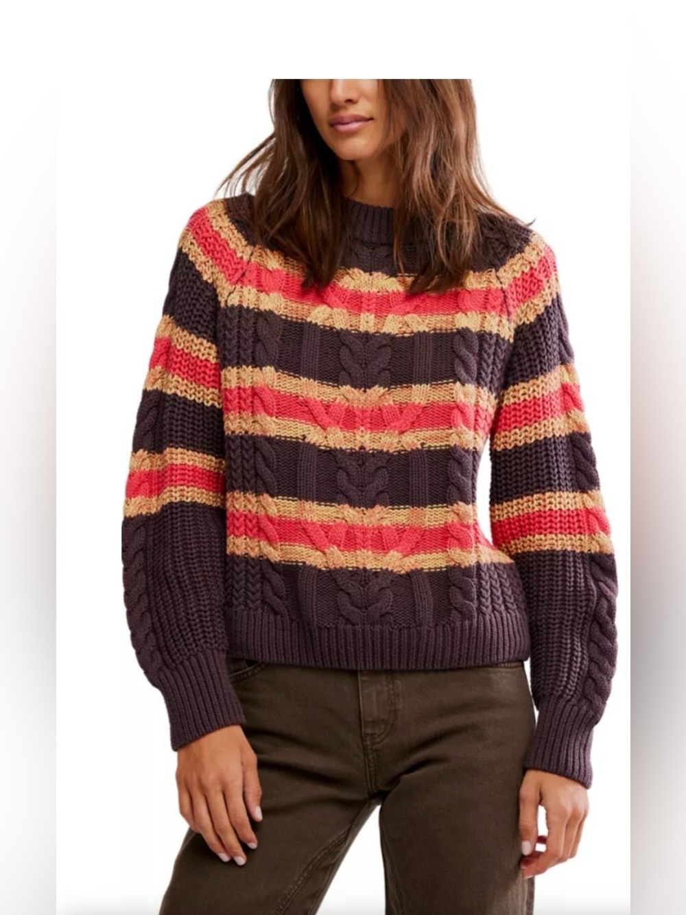 Free People Frankie Cable Striped Pullover Sweater size XS